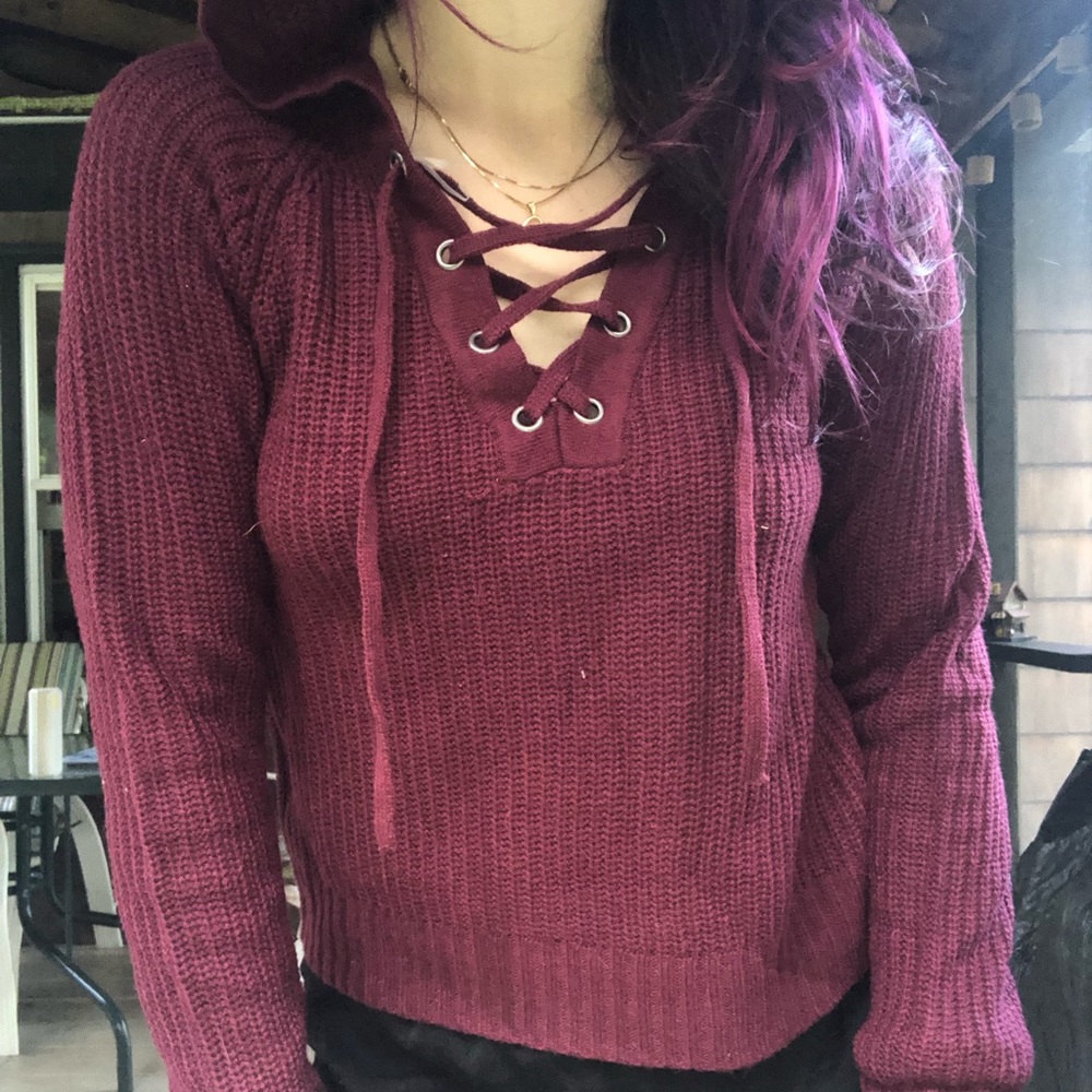 Maroon lace up sweater